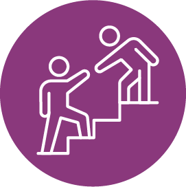 White line icon of one person helping another up a staircase on a purple background.
